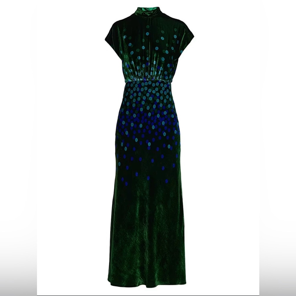Saloni Fabienne dress, elegant green and blue velvet US size 10
